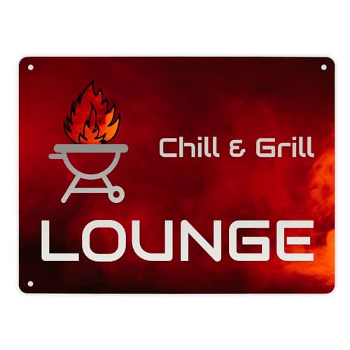 Chill & Grill Lounge Metallschild XL in 21x28 cm mit Spruch super als Mitbringsel für jedes Grillfest für Freunde, Bekannte oder für dich den besten Grillmeister der Welt. von speecheese