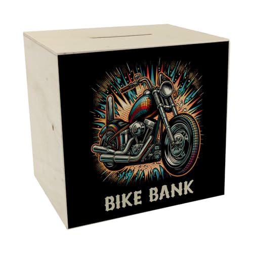 Chopper-Motorrad Spardose aus Holz mit Spruch Bike Bank Glänzender Metallglanz Chrom-Auspuff Custom-Bike Highlight Sparen im Zweirad-Stil von speecheese