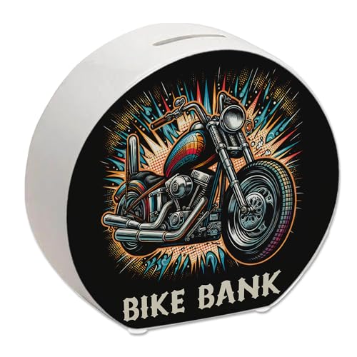 Chopper-Motorrad Spardose mit Spruch Bike Bank Glänzender Metallglanz Chrom-Auspuff Custom-Bike Highlight Sparen im Zweirad-Stil von speecheese