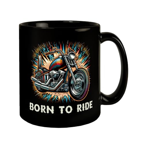 Chopper-Motorrad Tasse in Schwarz mit Spruch Born to Ride Glänzender Metallglanz Chrom Details Zweirad Auspuff Design Biker Kultobjekt von speecheese