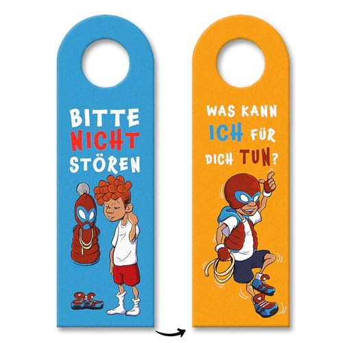 Cooler Spinnen Superheld Türhänger für kleine rothaarige Superjungs Bitte nicht stören oder Was kann ich für dich tun steht auf dem Türschild im Superhelden Design ein super von speecheese