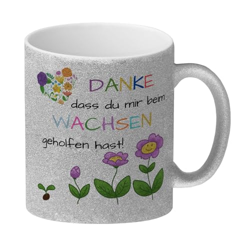 Danke dass du mir beim Wachsen geholfen hast Glitzer-Kaffeebecher eine bunte Tasse für Erzieher Glitzer-Kaffeebecher Danke Erzieherin Kaffeetasse Blumen Motiv Kindergarten von speecheese