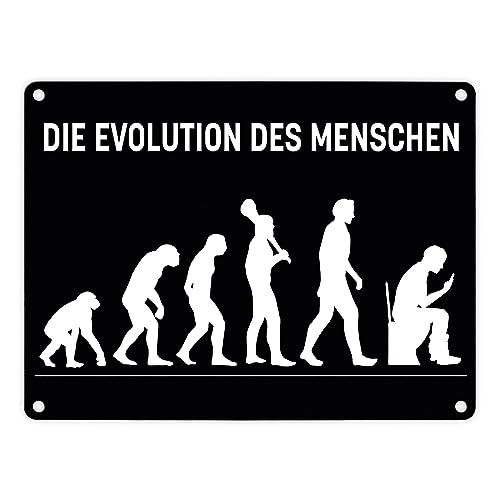 Die Evolution des Menschen Metallschild in 15x20 cm mit witzigem Motiv für die Toilette lustiges Schild für das WC witzige Geschenkidee Mensch sitzt mit Handy auf dem Klo von speecheese