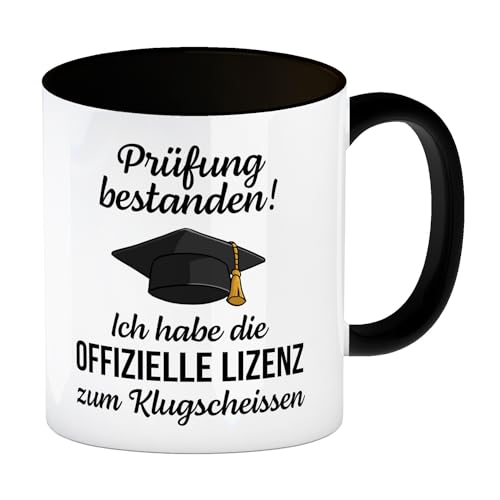 Doktorhut Prüfung bestanden Kaffeebecher in schwarz mit Spruch Lizenz zum Klugscheißen Klugscheißer Schlaumeier Tasse Perfekt für Abitur Abschluss Schule Essen am Esstisch von speecheese