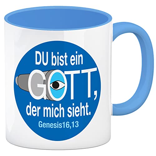 Du bist ein Gott, der mich sieht. Kaffeebecher in hellblau mit Bibel Zitat in blau Genesis 16,13 Tasse für Gläubige die die Worte Gottes schätzen Bibelvers Bibelzitat Mose von speecheese