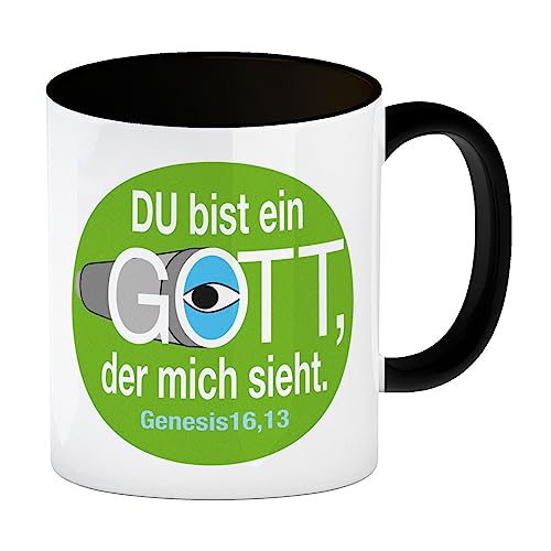 Du bist ein Gott, der mich sieht. Kaffeebecher in schwarz mit Bibel Zitat in grün Genesis 16,13 Tasse für Gläubige die die Worte Gottes schätzen Bibelvers Bibelzitat Mose von speecheese