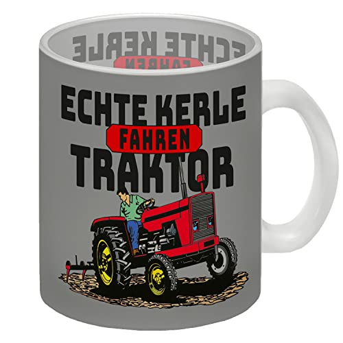 Echte Kerle fahren Traktor Glas Tasse in grau als Geschenk für leidenschaftliche Bauern die morgens auf dem Bock erstmal einen Kaffee benötigen Glas Tasse Diese Tasse von speecheese