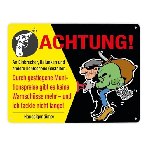 Einbrecher Metallschild XXL in 28x38 cm mit Spruch Achtung An Einbrecher und Halunken ein Warnschild für lichtscheue Gestalten Motiv Comicstil Dieb Schild gelb schwarz Pistole von speecheese