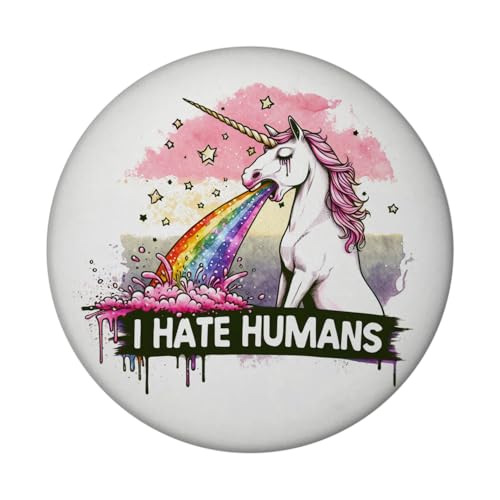 Einhorn kotzt Regenbogen Magnet mit Flaschenöffner rund mit Spruch I Hate Humans Kotzendes Fabelwesen Magie Bunt Einhorn zeigt Menschen-HASS von speecheese
