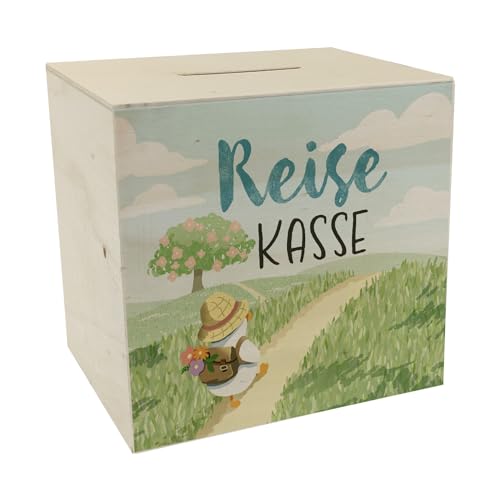 Ente auf Reisen Spardose aus Holz mit Spruch Reisekasse Gans-Design in Pastellfarben Natur-Motiv Wunsch-Erfüller Freude am Sparen für Reisen und Urlaub von speecheese