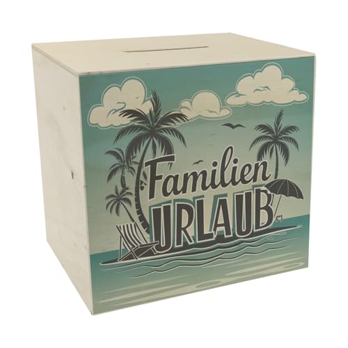 Familien Urlaub Spardose aus Holz mit Strandmotiv Perfekte Deko für Ihren Familienurlaub im Strandthema mit Palmen Strandstuhl Sonnenschirm hellblauem Himmel und weißem Sand von speecheese