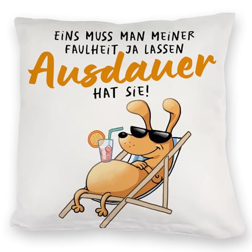 Fauler Hund Kuschelkissen mit Spruch Meine Faulheit hat Ausdauer EIN bequemes DekoKuschelkissen für die Couch lustiges Motiv Comic Cocktail Männer Geburtstag Cartoon Sonne von speecheese