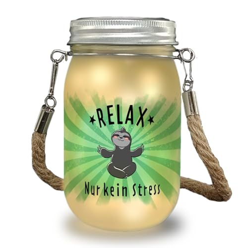 Faultier Solarlicht mit Spruch Relax nur kein Stress eine niedliche Dekolampe zum Entspannen meditierendes für Frauen Geburtstag Dekolicht Einmachglas nostalgischer Strick Henkel von speecheese