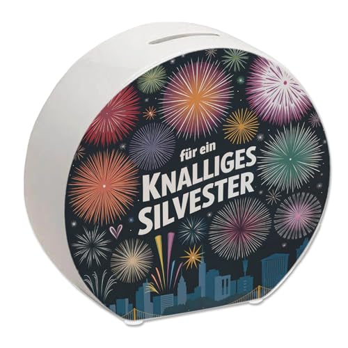 Feuerwerke Silvester Spardose - Knalliges Silvester Farbenfrohe Feuerwerk-Illustration mit Skyline Raketen Festlich für einen knalligen Start ins Neue Jahr von speecheese