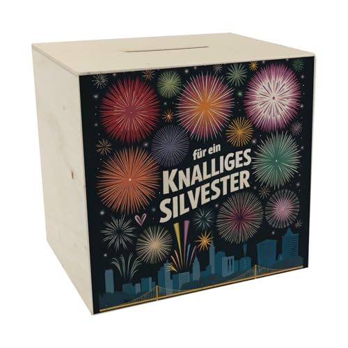Feuerwerke Silvester Spardose aus Holz - Knalliges Silvester Farbenfrohe Feuerwerk-Illustration mit Skyline Raketen Festlich für einen knalligen Start ins Neue Jahr Feuerwerke Silvester Spardose aus Holz - Knalliges Silvester Farbenfrohe Feuerwerk-Illustration mit Skyline Raketen Festlich für einen knalligen Start ins Neue Jahr von speecheese