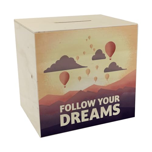 Follow Your Dreams Spardose aus Holz mit Heißluftballons und Sonnenuntergang Sparbüchse aus Holz mit modernem Motiv und inspirierendem Spruch von speecheese