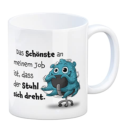 Freches Monster in hellblau Kaffeebecher mit lustigem Spruch Das Schönste an meinem Job ist, dass der Stuhl sich dreht. Tasse Kollegen Freunde und Kinder im Büro oder Zuhause von speecheese