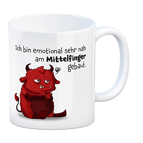 Freches Monster in hellrot Kaffeebecher mit lustigem Spruch Ich bin emotional sehr nah am Mittelfinger gebaut. Tasse Kollegen Freunde und Kinder im Büro oder Zuhause von speecheese