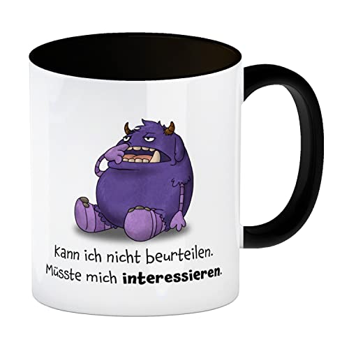 Freches Monster in lila Kaffeebecher in schwarz mit lustigem Spruch Kann ich nicht beurteilen. Müsste mich interessieren. Tasse Kollegen Freunde und Kinder im Büro oder Zuhause von speecheese