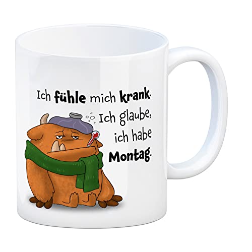 Freches Monster in orange Kaffeebecher mit lustigem Spruch Ich fühle mich krank. Ich glaube ich habe Montag. Tasse für Kollegen Freunde und Kinder im Büro oder Zuhause von speecheese