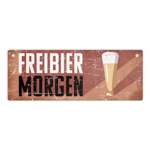Freibier morgen Metallschild mit Bierglas im Retrolook lustige Blechschilder für Innen und Außen im Used-Look als Dekoration für die Hausbar oder das Wohnzimmer von speecheese