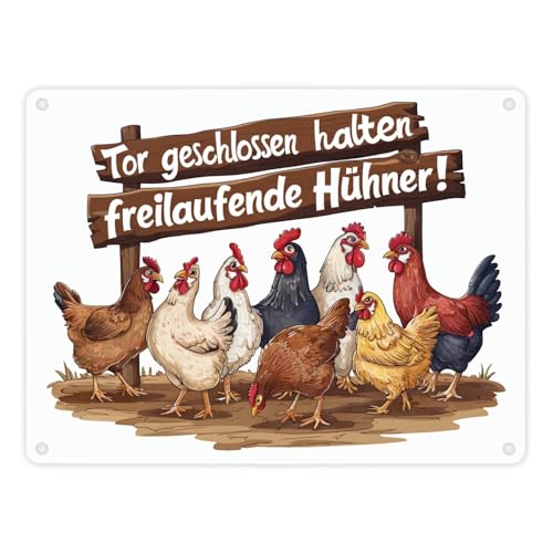 Freilaufende Hühner - Tor geschlossen halten Metallschild in 15x20 cm Bauernhof Holzschild Verspieltes Design und skurrile Typografie Ländlicher Charme von speecheese