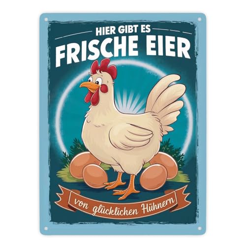 Frische Eier von glücklichen Hühnern Metallschild XXL in 28x38 cm Mit Huhn mit weißem Federkleid und rotem Kamm auf robustem Schild ideal für den Hofladen von speecheese