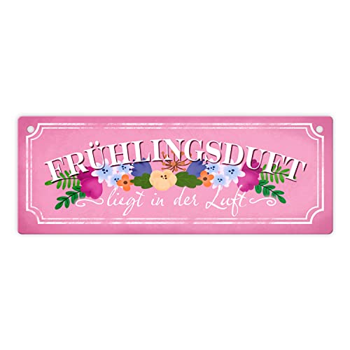 Frühlingsduft liegt in der Luft Metallschild L in 10,5x28cm in rosa ein dekoratives Blechschild für den Frühling um den Eingang zuhause oder im Garten zu verschönern Metallschild L von speecheese