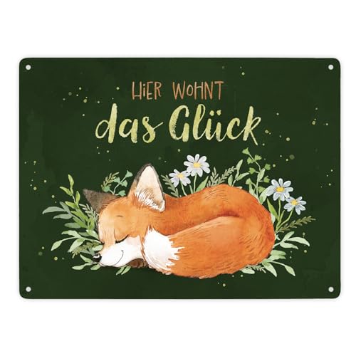 Fuchs Metallschild XXL in 28x38 cm in grün mit Spruch Hier wohnt das Glück ein herbstliches Schild für Naturliebhaber Motiv Aquarell Zeichnung Frauen Geburtstag Natur Blechschild von speecheese