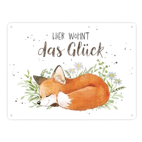 Fuchs Metallschild XXL in 28x38 cm in weiß mit Spruch Hier wohnt das Glück ein herbstliches Schild für Naturliebhaber Motiv Aquarell Zeichnung Frauen Geburtstag Natur Blechschild von speecheese