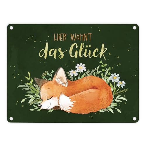 Fuchs Metallschild in 15x20 cm in grün mit Spruch Hier wohnt das Glück ein herbstliches Schild für Naturliebhaber Motiv Aquarell Zeichnung Frauen Geburtstag Natur Blechschild von speecheese