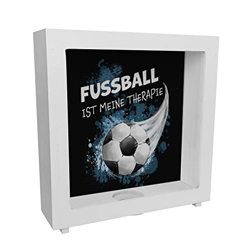 Fußball ist Meine Therapie Rahmen Spardose aus Holz mit Fußball-Motiv in blau für Fußballfans um auf einen Stadionbesuch zu sparen oder für Kinder als Dekoration für Zuhause von speecheese