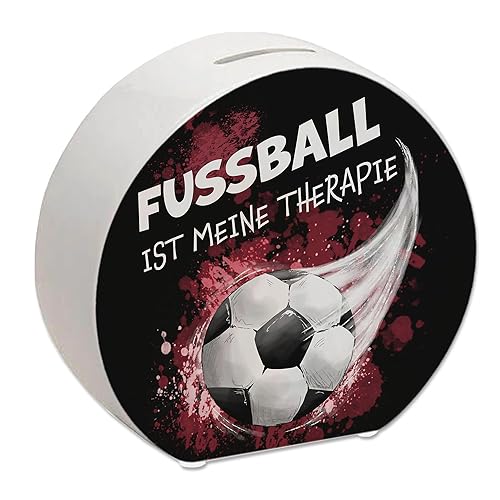 Fußball ist Meine Therapie Spardose mit Fußball-Motiv in rot für Fußballfans um auf einen Stadionbesuch zu sparen oder für Kinder als Dekoration für Zuhause von speecheese