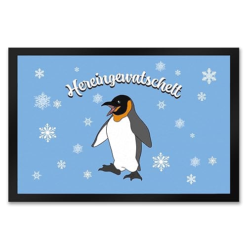 Fußmatte XXL in 50x75 cm mit niedlichem Pinguin-Motiv und Schneeflocken - Hereingewatschelt als Geschenk für Liebhaber von Pinguinen und der Weihnachtszeit um Türschwellen oder von speecheese