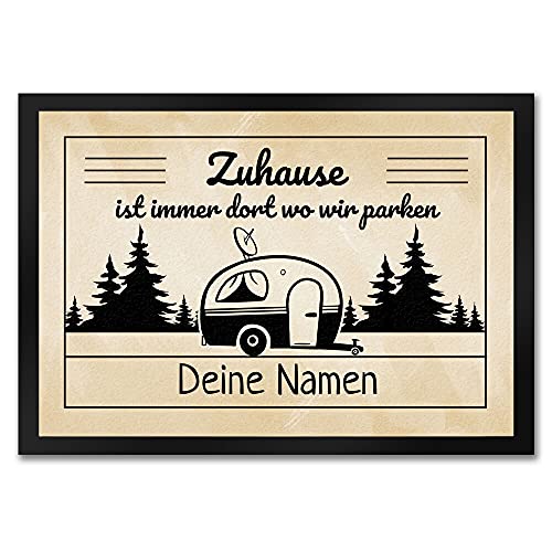 Zuhause ist Immer dort wo wir parken Fußmatte personalisiert mit deinen Namen - als Geschenk für Camping Urlauber und Deko für den Campingwagen in schlichtem Design von speecheese