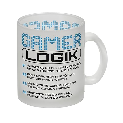 Gamer Logik Glas Tasse in blau für Kaffee oder Tee beim Zocken für Jungs und Mädels, die Videospiele lieben und am liebsten nur daddeln Glas Tasse Der Glas Tasse ist eine witzige von speecheese