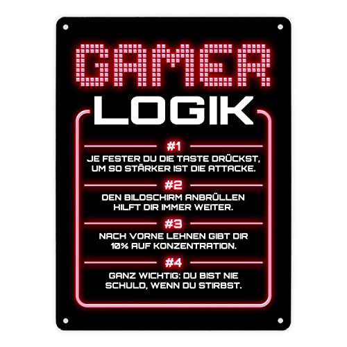 Gamer Logik Metallschild XL in 21x28 cm in rot als coole Dekoration für den Gaming-Raum von Jungs und Mädels die gerne die ganze Zeit daddeln von speecheese