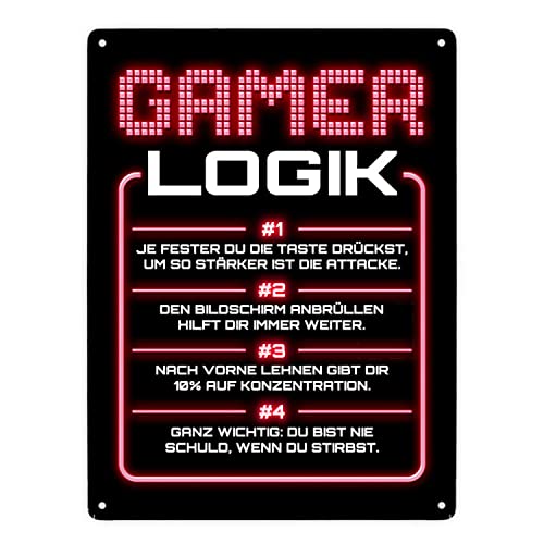 Gamer Logik Metallschild XXL in 28x38 cm in rot als coole Dekoration für den Gaming-Raum von Jungs und Mädels die gerne die ganze Zeit daddeln von speecheese