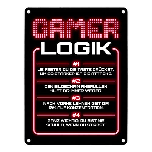 Gamer Logik Metallschild in 15x20 cm in rot als coole Dekoration für den Gaming-Raum von Jungs und Mädels die gerne die ganze Zeit daddeln von speecheese