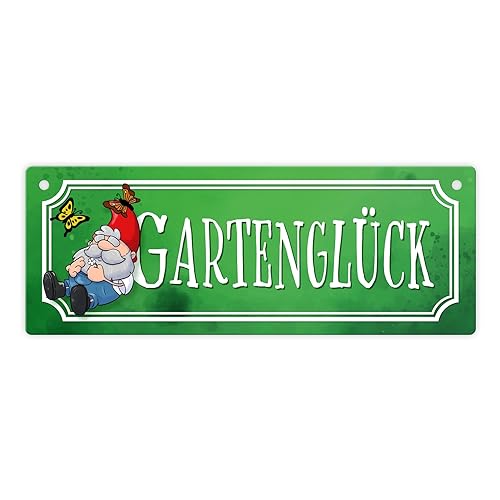 Gartenglück Metallschild L in 10,5x28cm mit Gartenzwerg und Schmetterlingen von speecheese
