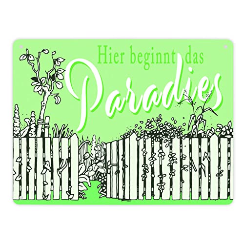 Gartenparadies Metallschild XL in 21x28 cm grün zum Thema Urlaub im Garten Entspannung Metall-Schild Paradies Blechschild Blumen Aluminium Schild Schrebergarten von speecheese