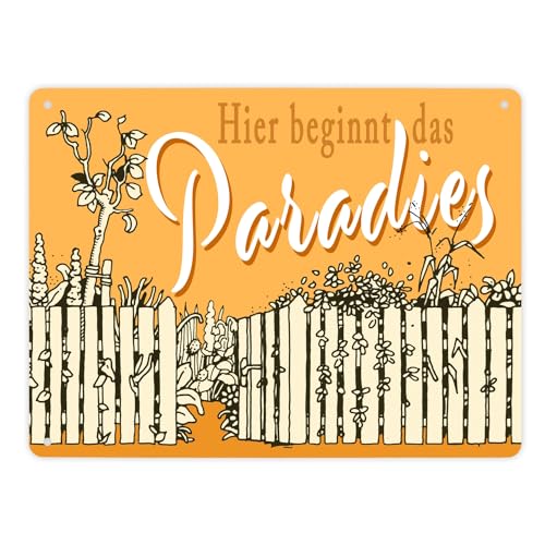 Gartenparadies Metallschild XL in 21x28 cm orange zum Thema Urlaub im Garten Entspannung Metall-Schild Paradies Blechschild Blumen Aluminium Schild Schrebergarten von speecheese