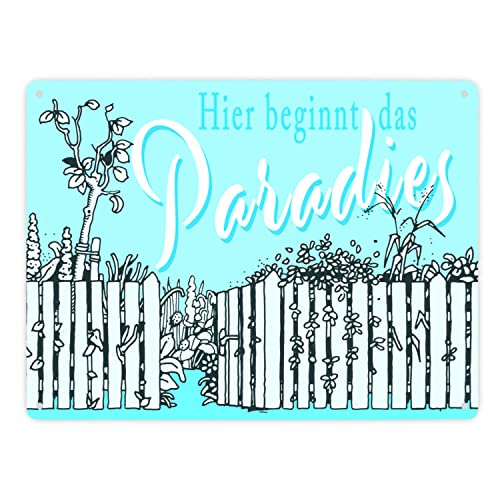 Gartenparadies Metallschild XXL in 28x38 cm blau zum Thema Urlaub im Garten Entspannung Metall-Schild Paradies Blechschild Blumen Aluminium Schild Schrebergarten von speecheese