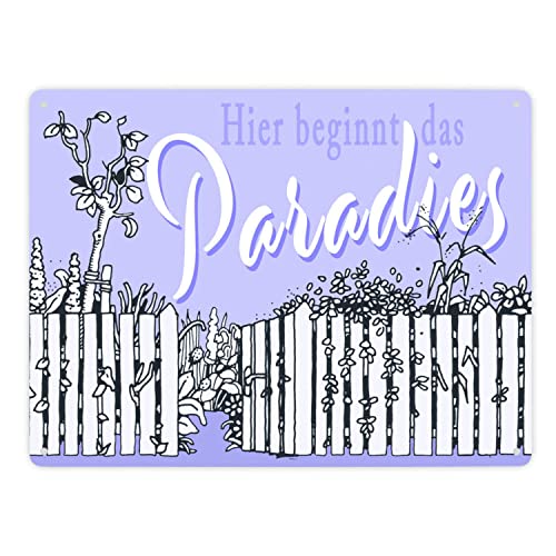 Gartenparadies Metallschild XXL in 28x38 cm flieder zum Thema Urlaub im Garten Entspannung Metall-Schild Paradies Blechschild Blumen Aluminium Schild Schrebergarten von speecheese