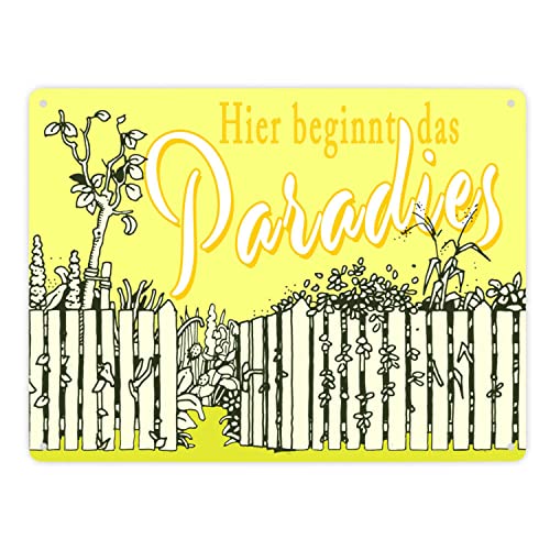 Gartenparadies Metallschild XXL in 28x38 cm gelb zum Thema Urlaub im Garten Entspannung Metall-Schild Paradies Blechschild Blumen Aluminium Schild Schrebergarten von speecheese