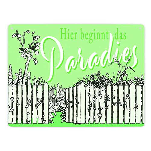 Gartenparadies Metallschild XXL in 28x38 cm grün zum Thema Urlaub im Garten Entspannung Metall-Schild Paradies Blechschild Blumen Aluminium Schild Schrebergarten von speecheese