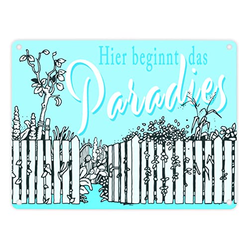 Gartenparadies Metallschild in 15x20 cm blau zum Thema Urlaub im Garten Entspannung Metall-Schild Paradies Blechschild Blumen Aluminium Schild Schrebergarten von speecheese