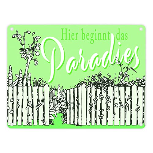 Gartenparadies Metallschild in 15x20 cm grün zum Thema Urlaub im Garten Entspannung Metall-Schild Paradies Blechschild Blumen Aluminium Schild Schrebergarten von speecheese