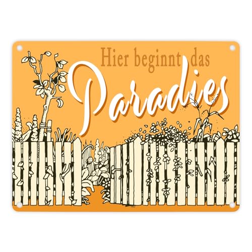 Gartenparadies Metallschild in 15x20 cm orange zum Thema Urlaub im Garten Entspannung Metall-Schild Paradies Blechschild Blumen Aluminium Schild Schrebergarten von speecheese