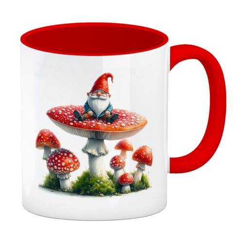Gartenzwerg auf einem Fliegenpilz Kaffeebecher in rot Lustige Garten Zwerg Tasse auf Pilz Figur Roter Weißer Gnom Statue Kaffeetasse von speecheese